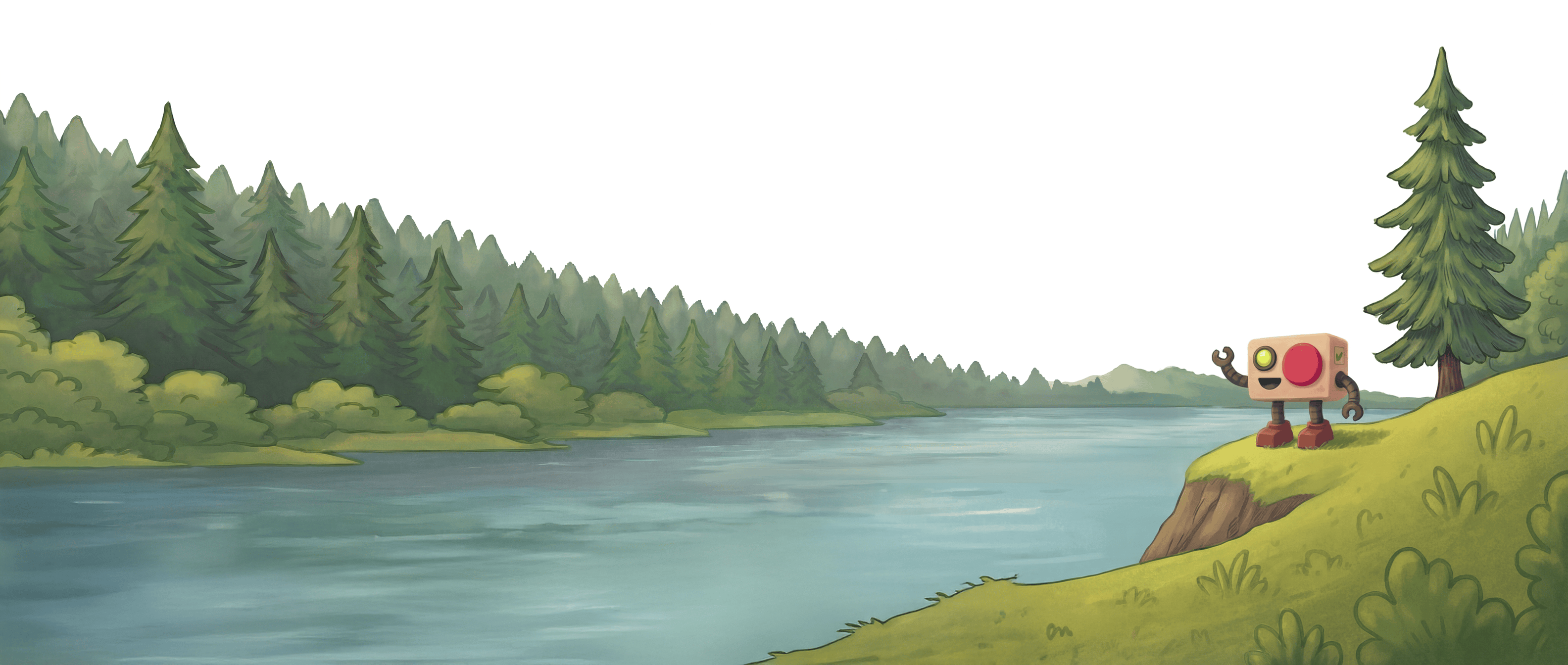 Stupido robot beside a forest lake