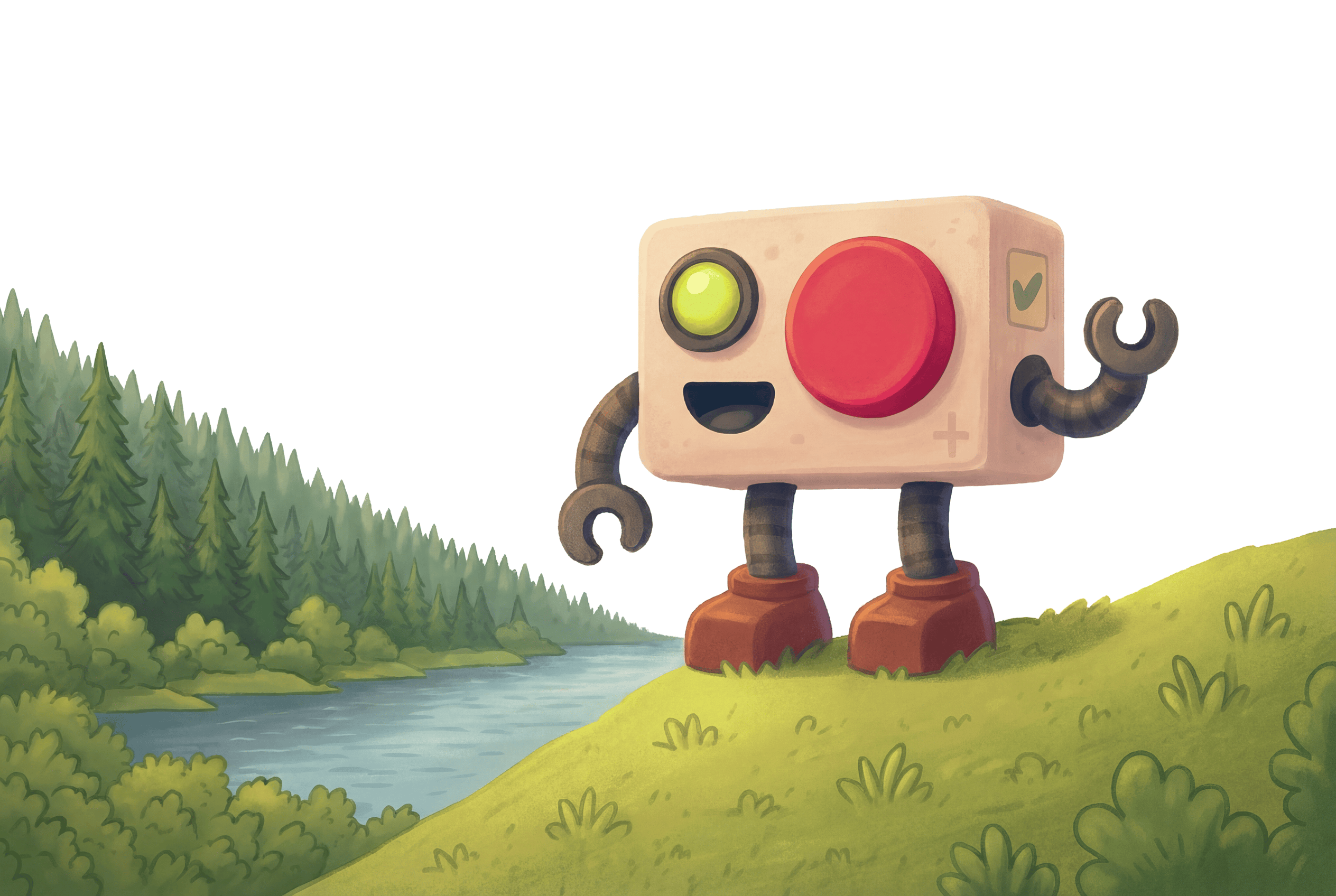 Stupido robot beside a forest lake